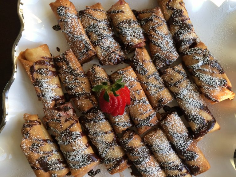 Strawberry shrikhand eggrolls with chocolate drizzle