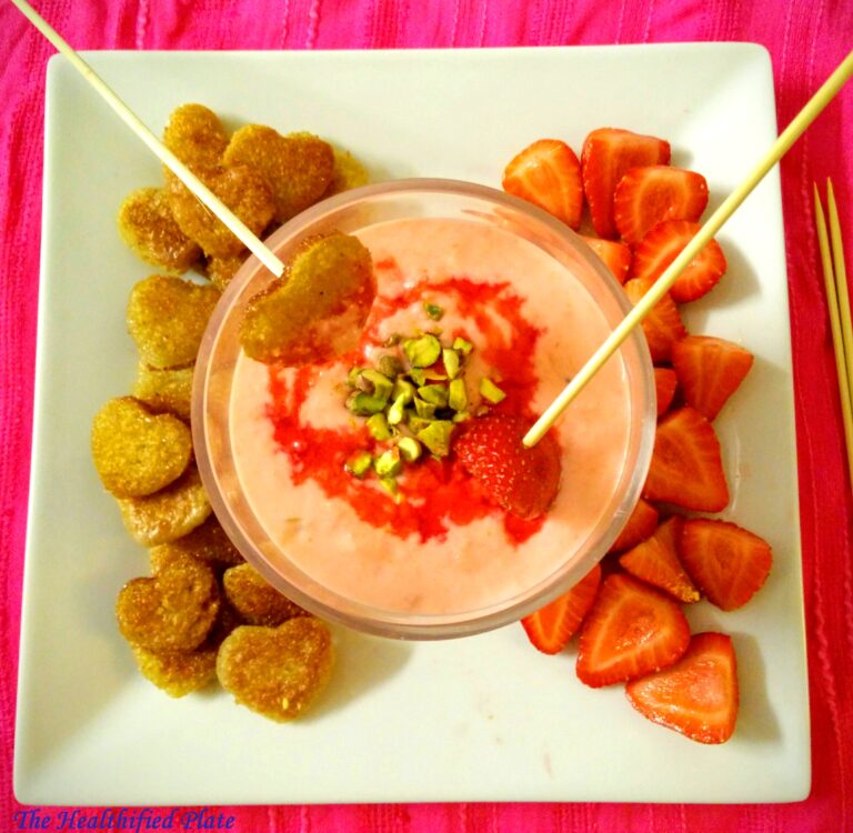 Rose Rabri Fondue with Shahi Tukra Hearts and Strawberries.